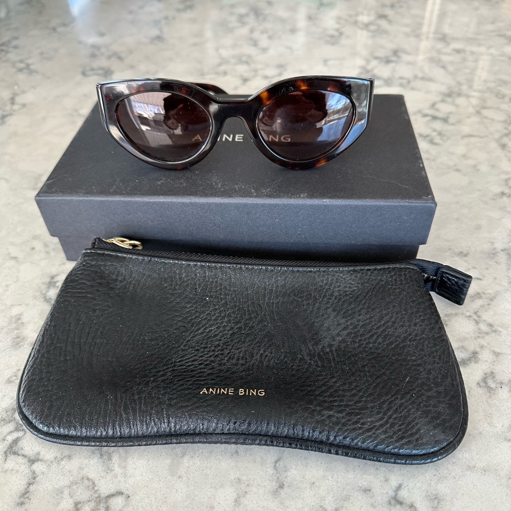 Anine Bing Tortoiseshell Cat-Eye Sunglasses with Black Leather Pouch